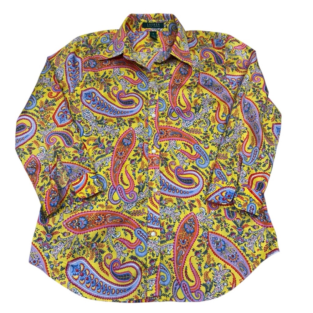 Ralph Lauren Button Down Paisley Shirt Size M Yellow 3/4 Sleeves Preppy - Picture 3 of 11